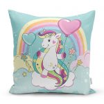 - realhomescomtr-K4341 - Realhomes Yeşil Zeminde Sevimli At Çizimli Çocuk Odası Yastık Kırlent Kılıfı Realhomes