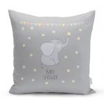 - realhomescomtr-K4346 - Realhomes Gri Zeminde Fil ve Baby Shower Tasarımlı Çocuk Odası Yastık Kırlent Kılıfı Realhomes