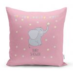- realhomescomtr-K4347 - Realhomes Pembe Zeminde Fil ve Baby Shower Tasarımlı Çocuk Odası Yastık Kırlent Kılıfı Realhomes