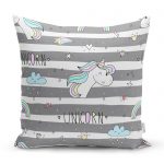 Gri Beyaz Çizgili Unicorn Atlar Çocuk Odası Yastık Kırlent Kılıfı Realhomes