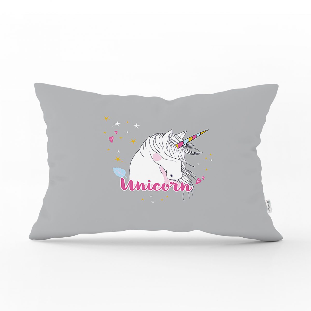 Gri Zeminli Unicorn At Desenli Özel Tasarım Çocuk Odası Dikdörtgen Yastık Kılıfı Realhomes