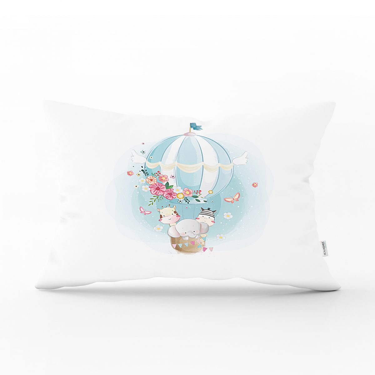 Beyaz Zeminde Uçan Balon Desenli Dijital Baskılı Çocuk Odası Dikdörtgen Yastık Kılıfı Realhomes