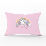 - Dik-4326 - Realhomes  Pembe Zeminde Unicorn At ve Kalpler Tasarımlı Çocuk Odası Dikdörtgen Yastık Kılıfı Realhomes