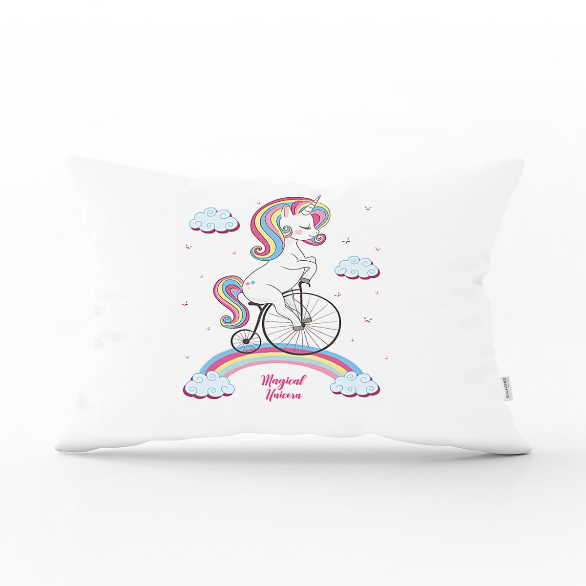 Beyaz Zeminde Bisiklet ve Unicorn Tasarımlı Çocuk Odası Dikdörtgen Yastık Kılıfı Realhomes
