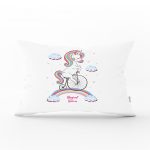 - Dik-4340 - Realhomes Beyaz Zeminde Bisiklet ve Unicorn Tasarımlı Çocuk Odası Dikdörtgen Yastık Kılıfı Realhomes