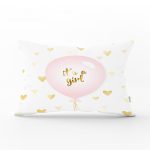 - Dik-4362 - Realhomes Pembe Balon ve Altın Kalpler Özel Tasarımlı Dekoratif Çocuk Odası Dikdörtgen Yastık Kılıfı Realhomes