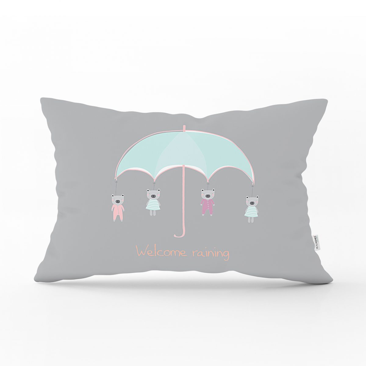 Pembe Zeminde Şemsiye ve Sevimli Ayıcıklar Motifli Bebek Odası Dikdörtgen Yastık Kılıfı Realhomes
