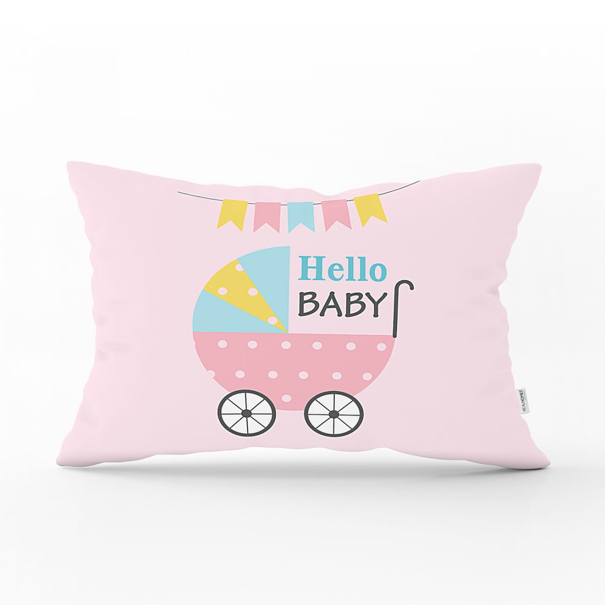 Pembe Zeminde Baby Shower Fil Desenli Dijital Baskılı Bebek Odası Dikdörtgen Yastık Kılıfı Realhomes