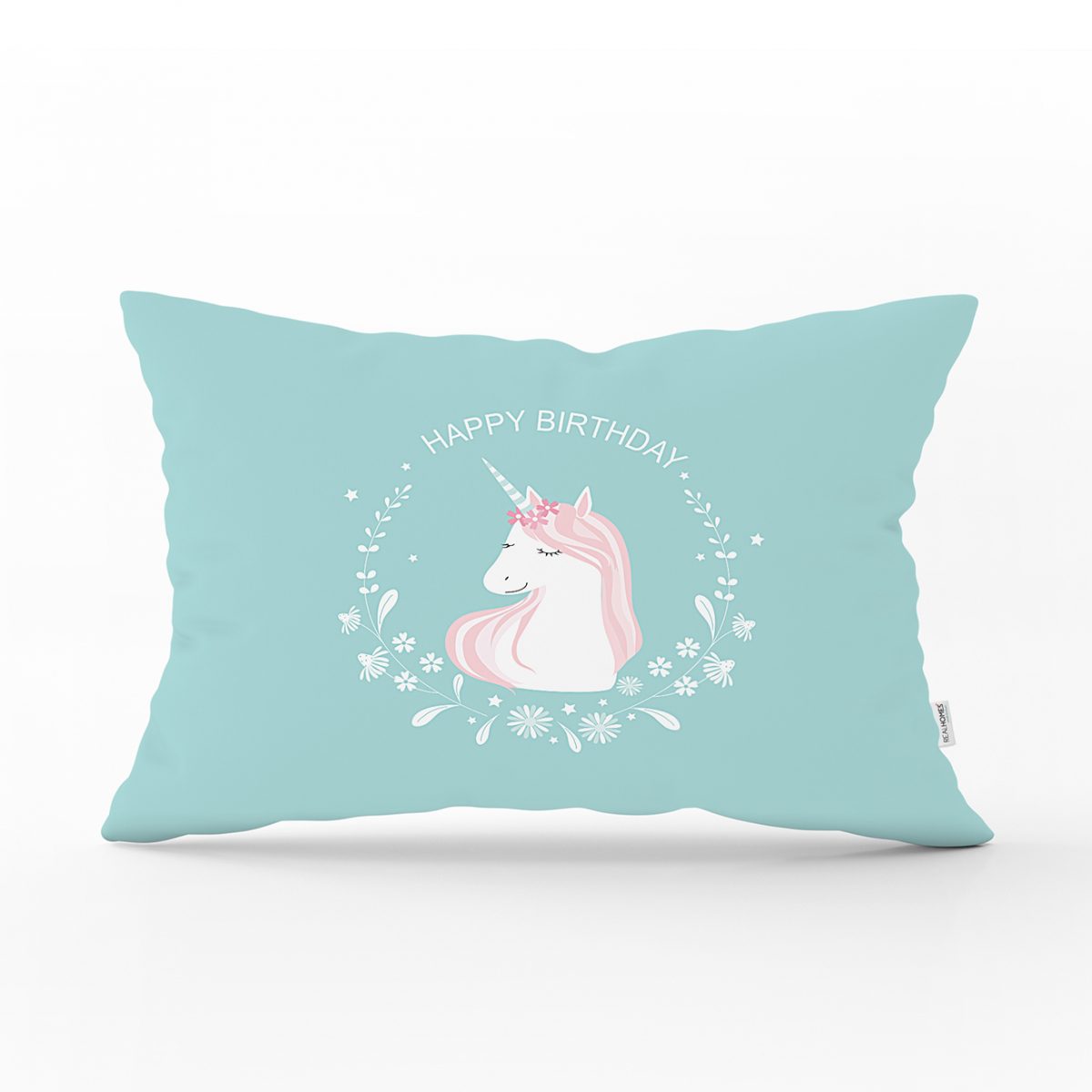 Pembe Zeminli Happy Birthday Unicorn Desenli Bebek Odası Dikdörtgen Yastık Kılıfı Realhomes