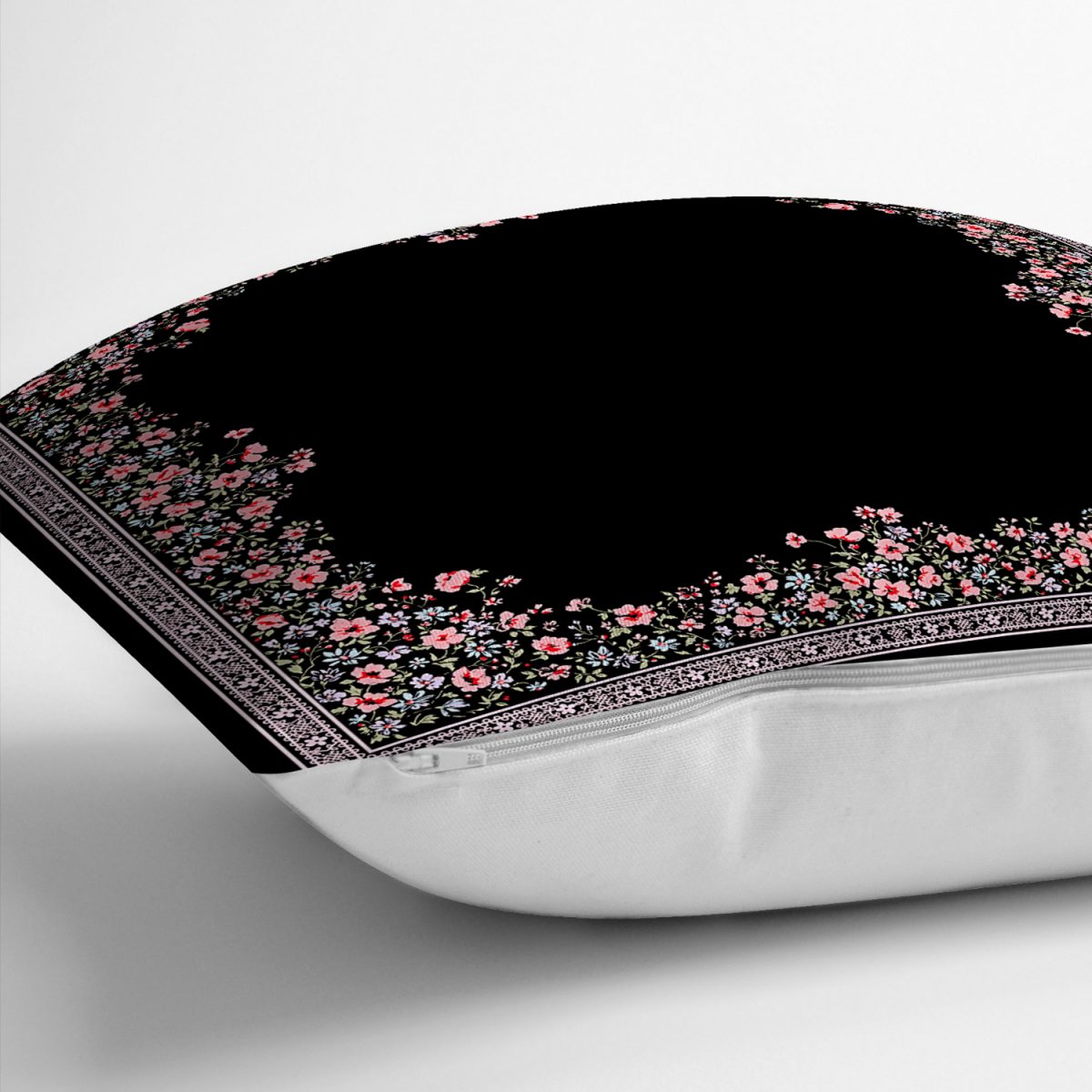 Realhomes Siyah Zeminde Pembe Çiçekler Özel Tasarım Dijital Baskılı Modern Yastık Kırlent Kılıfı Realhomes