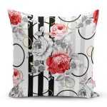 - realhomescomtr-K3809 - Realhomes  Realhomes Beyaz Zeminde Kırmızı Çiçekler Dijital Baskılı Modern Yastık Kırlent Kılıfı Realhomes