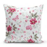 - realhomescomtr-K3824 - Realhomes Realhomes Beyaz Zeminde Pembe Çiçekler Dijital Baskılı Modern Yastık Kırlent Kılıfı Realhomes
