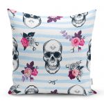 - realhomescomtr-K3834raporla - Realhomes Mavi Çizgide Kurukafa Desenli Dijital Baskılı Yastık Kırlent Kılıfı Realhomes