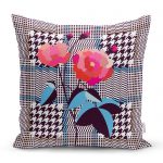 - realhomescomtr-K3862 - Realhomes Realhomes Ekose Zeminde Kırmızı Çiçekler Dijital Baskılı Modern Yastık Kırlent Kılıfı Realhomes