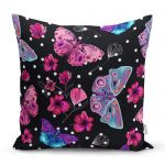 - realhomescomtr-K3931 - Realhomes Realhomes Siyah Zeminde Butterfly Dijital Baskılı Modern Yastık Kırlent Kılıfı Realhomes