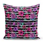 - realhomescomtr-K3944 - Realhomes  Çizgili Zeminde Rengarenk Çiçekler Dijital Baskılı Modern Yastık Kırlent Kılıfı Realhomes