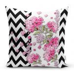 - realhomescomtr-K4172 - Realhomes  Siyah Zigzag Zeminde İlkbahar Çiçekleri Temalı Yastık Kırlent Kılıfı Realhomes