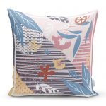 - realhomescomtr-K4173 - Realhomes  Geometrik Zeminde Yaprakların Uyumu Dijital Baskılı Yastık Kırlent Kılıfı Realhomes