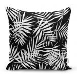 - realhomescomtr-K4282 - Realhomes Siyah Zeminde Beyaz Yaprak Tasarımlı Dijital Baskılı Yastık Kırlent Kılıfı Realhomes