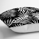 - realhomescomtr-K4282-2 - Realhomes Siyah Zeminde Beyaz Yaprak Tasarımlı Dijital Baskılı Yastık Kırlent Kılıfı Realhomes