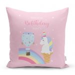 - realhomescomtr-K4369 - Realhomes Pembe Zeminde Unicorn Tasarımlı Çocuk Odası Yastık Kırlent Kılıfı Realhomes