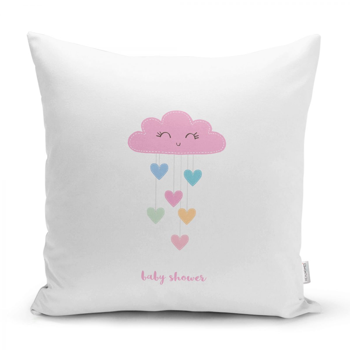 Beyaz Zeminde Pembe Bulutlu Baby Shower Çocuk Odası Yastık Kırlent Kılıfı Realhomes