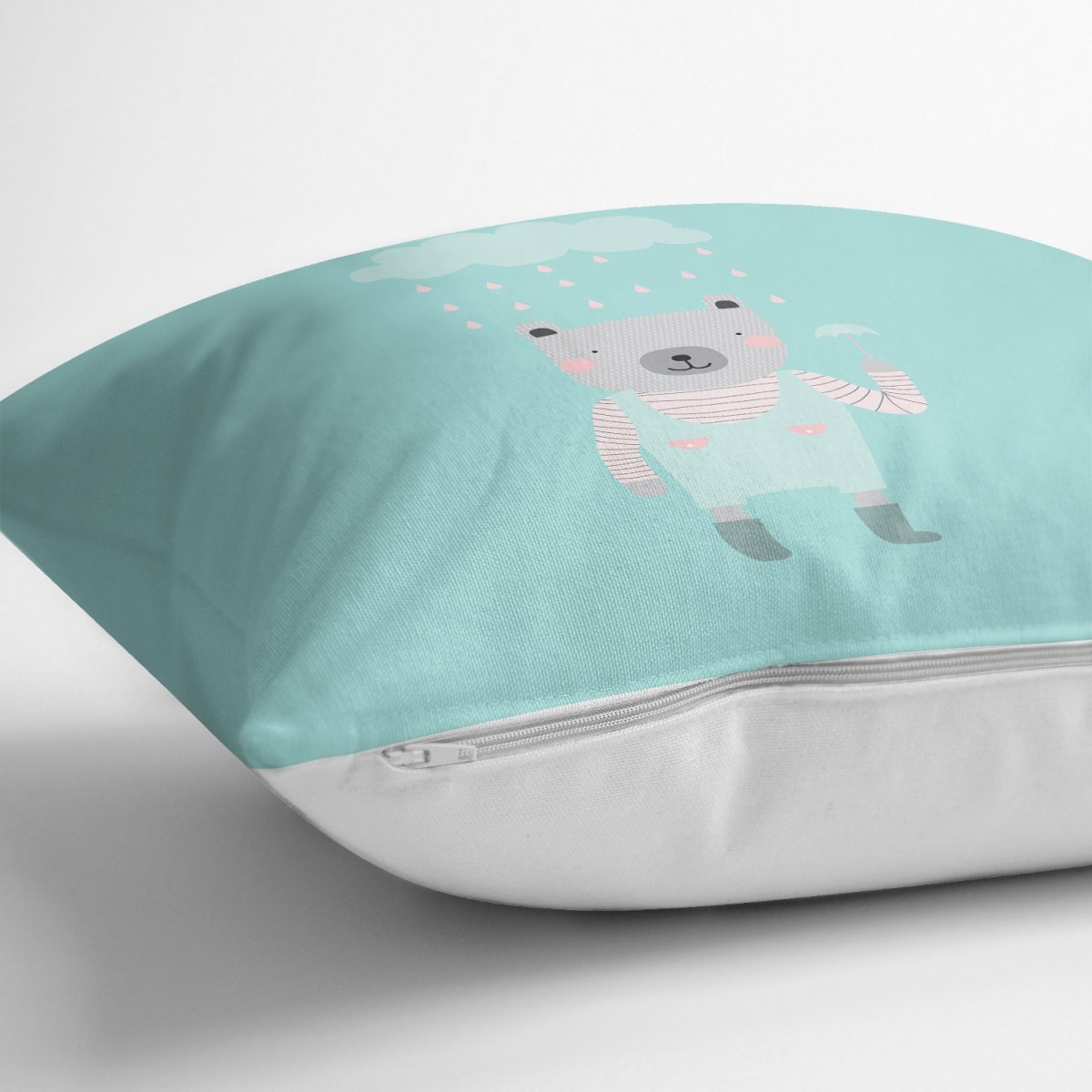 Gri Zeminde Bulut ve Ayıcık Tasarımlı Bebek Odası Yastık Kırlent Kılıfı Realhomes