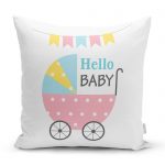 - realhomescomtr-K4463 - Realhomes Gri Zeminde Baby Shower Fil Desenli Dijital Baskılı Bebek Odası Yastık Kılıfı Realhomes