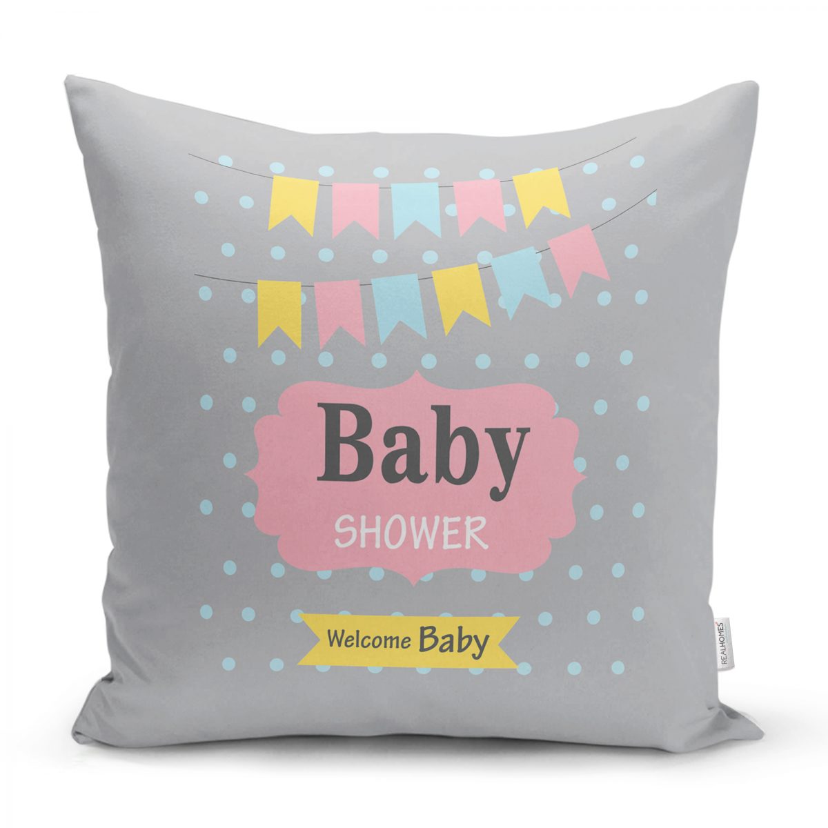 Gri Zeminde Baby Shower Desenli Özel Tasarım Bebek Odası Yastık Kılıfı Realhomes