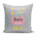 - realhomescomtr-K4470 - Realhomes Gri Zeminde Baby Shower Desenli Özel Tasarım Bebek Odası Yastık Kılıfı Realhomes