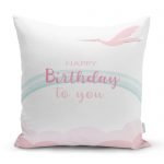 - realhomescomtr-K4555 - Realhomes Gri Zeminli Happy Birthday Unicorn Desenli Bebek Odası Yastık Kılıfı Realhomes