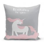 - realhomescomtr-K4560 - Realhomes Pembe Beyaz Çizgili Happy Birthday Tasarımlı Bebek Odası Yastık Kılıfı Realhomes