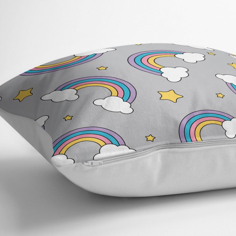 Realhomes Gri Zeminde Unicorn Gökkuşağı Dijital Baskılı