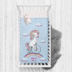 Mavi Zeminde Bisiklet ve Unicorn Tasarımlı Çocuk Odası Yatak Örtüsü Realhomes