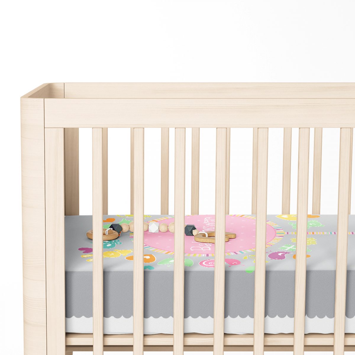Gri Zeminde Baby Shower Tasarımlı Çocuk Odası Yatak Örtüsü Realhomes