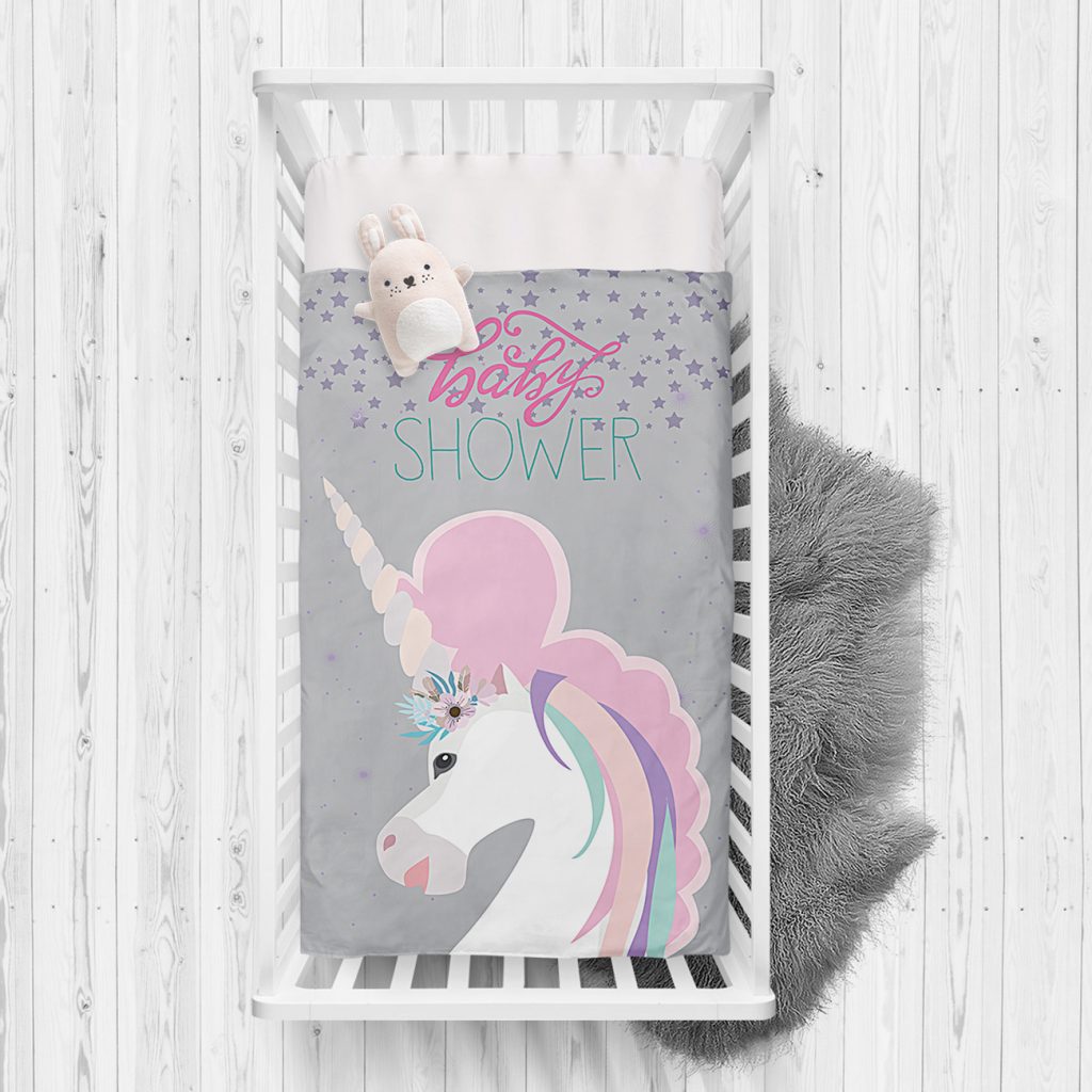 Baby Shower Unicorn At Tasarımlı Çocuk Odası Yatak Örtüsü