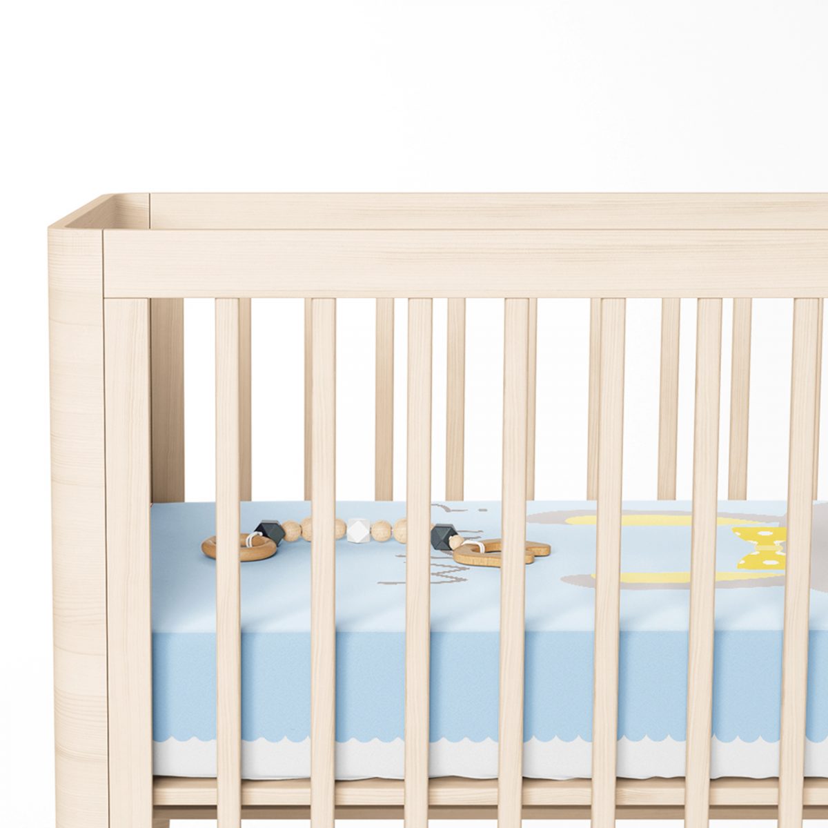 Mavi Zeminde Gri Sarı Ayıcık Motifli Bebek Odası Yatak Örtüsü Realhomes