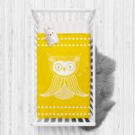 - Rh-Yatak-4378 - Realhomes  Sarı Zeminde Baykuş Özel Tasarımlı Bebek Odası Yatak Örtüsü Realhomes