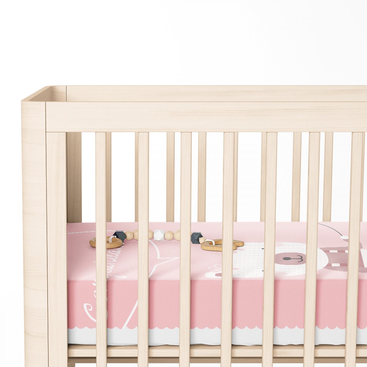 Pembe Zeminde Balon ve Ayıcık Desenli Bebek Odası Yatak Örtüsü Realhomes