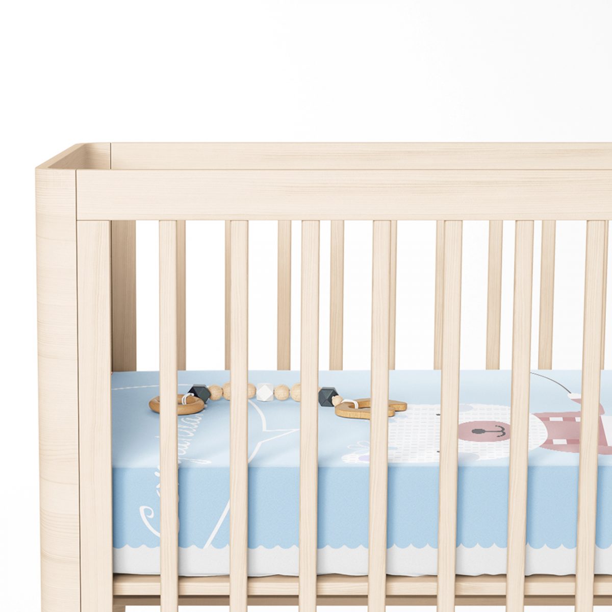 Mavi Zeminde Balon ve Ayıcık Desenli Bebek Odası Yatak Örtüsü Realhomes