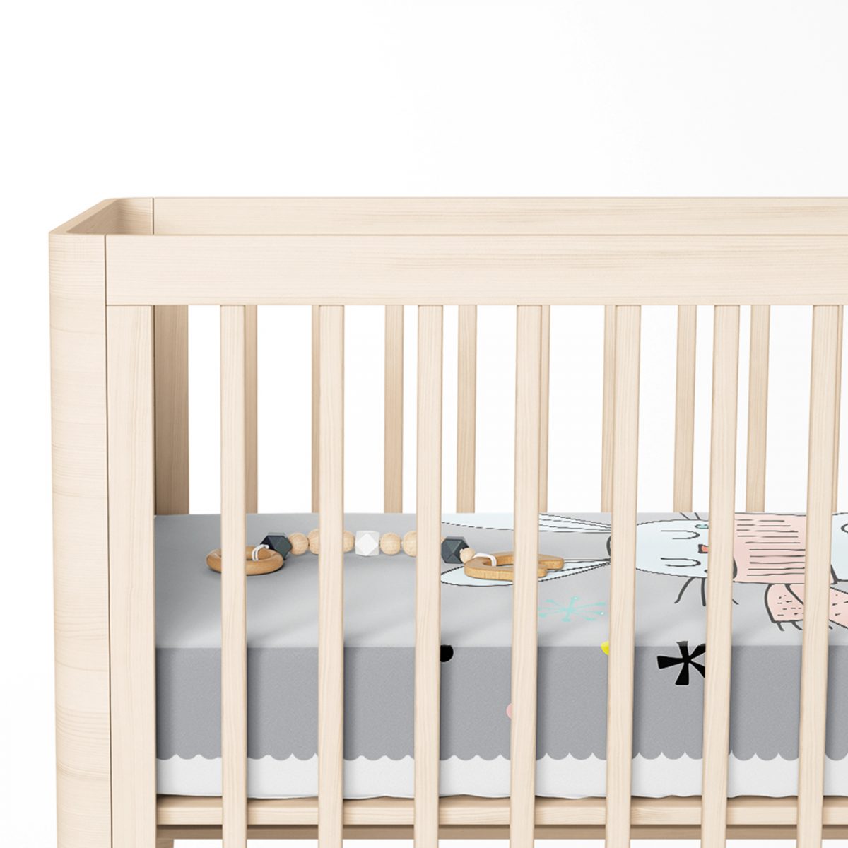 Gri Zeminde Atkılı Tavşan Motifli Bebek Odası Yatak Örtüsü Realhomes