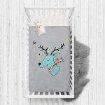 Gri Zeminde Mavi Geyik Çizimli Bebek Odası Yatak Örtüsü Realhomes