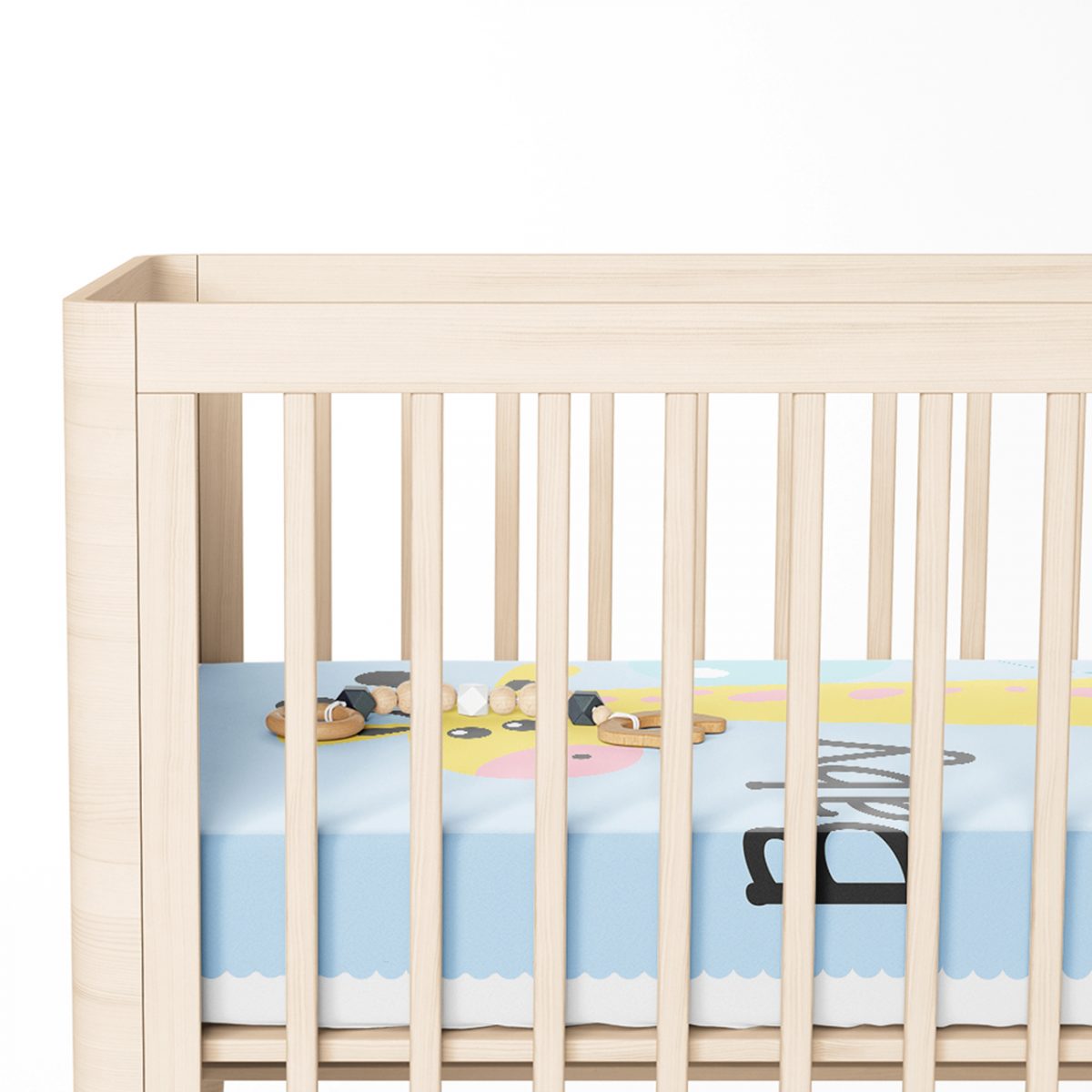 Mavi Zeminde Balon ve Zürafa Desenli Özel Tasarım Bebek Odası Yatak Örtüsü Realhomes
