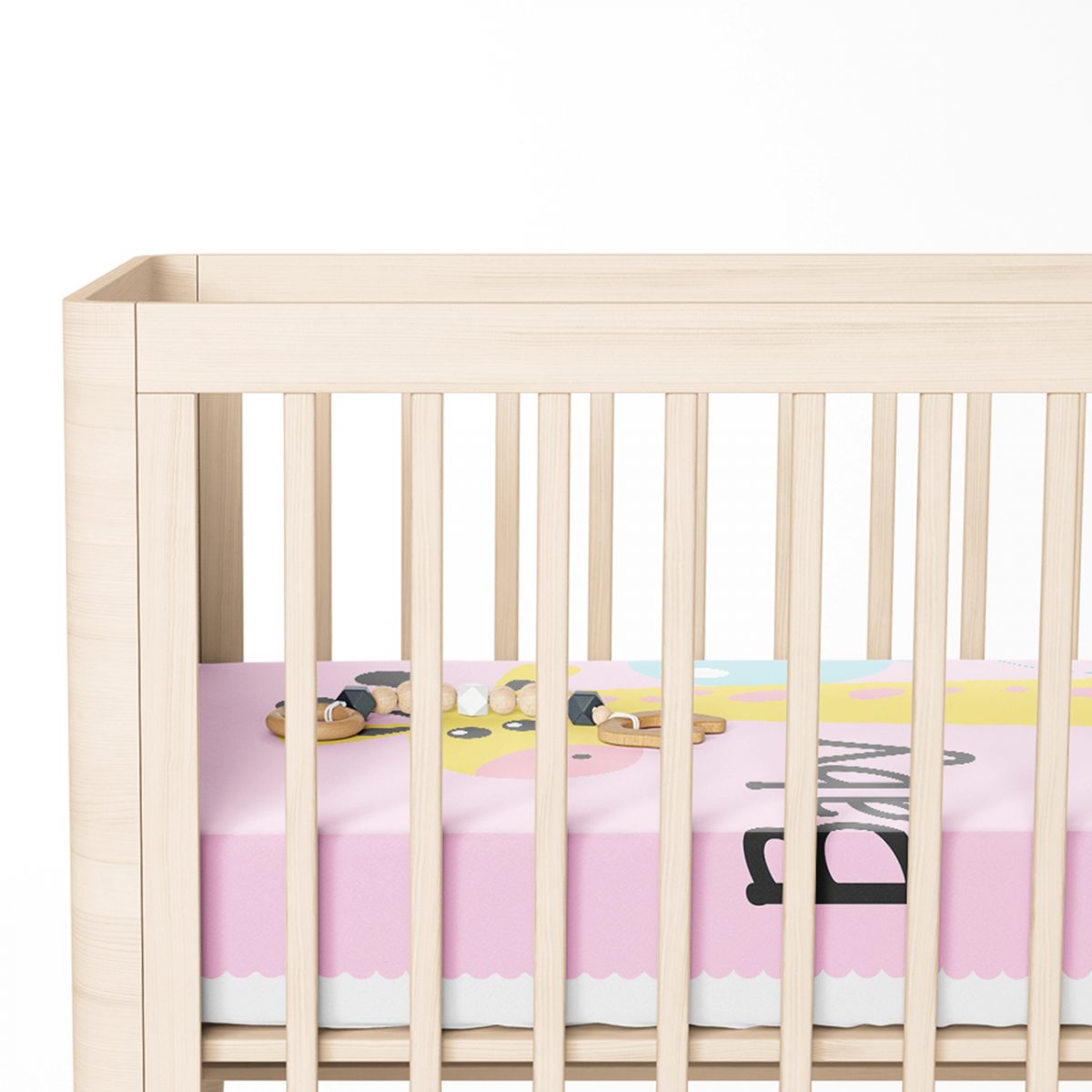 Pembe Zeminde Balon ve Zürafa Desenli Özel Tasarım Bebek Odası Yatak Örtüsü Realhomes