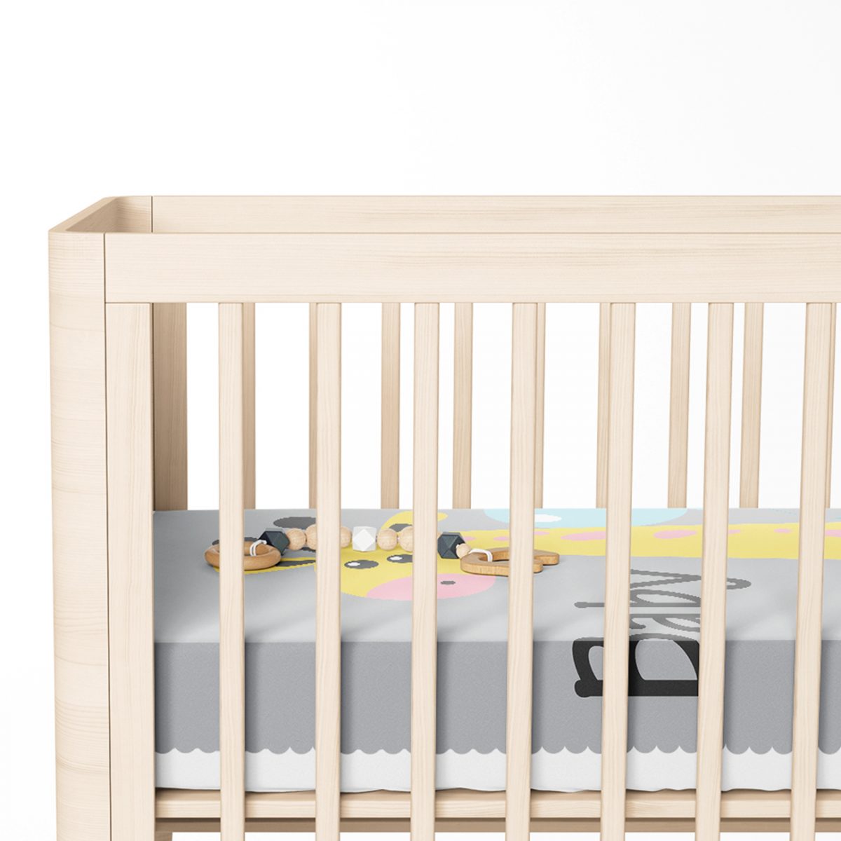Gri Zeminde Balon ve Zürafa Desenli Özel Tasarım Bebek Odası Yatak Örtüsü Realhomes