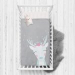 Gri Zeminli Sevimli Geyik Tasarımlı Bebek Odası Yatak Örtüsü Realhomes