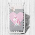 - Rh-Yatak-4573p - Realhomes  Gri Zeminli Pembe Kalpli Unicorn Desenli Çocuk Odası Yatak Örtüsü Realhomes