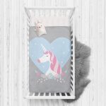 Gri Zeminli Mavi Kalpli Unicorn Desenli Çocuk Odası Yatak Örtüsü Realhomes