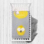 - Rh-Yatak-4586 - Realhomes  Gri Zeminde Sarı Kuş Motifli Dijital Baskılı Çocuk Odası Yatak Örtüsü Realhomes