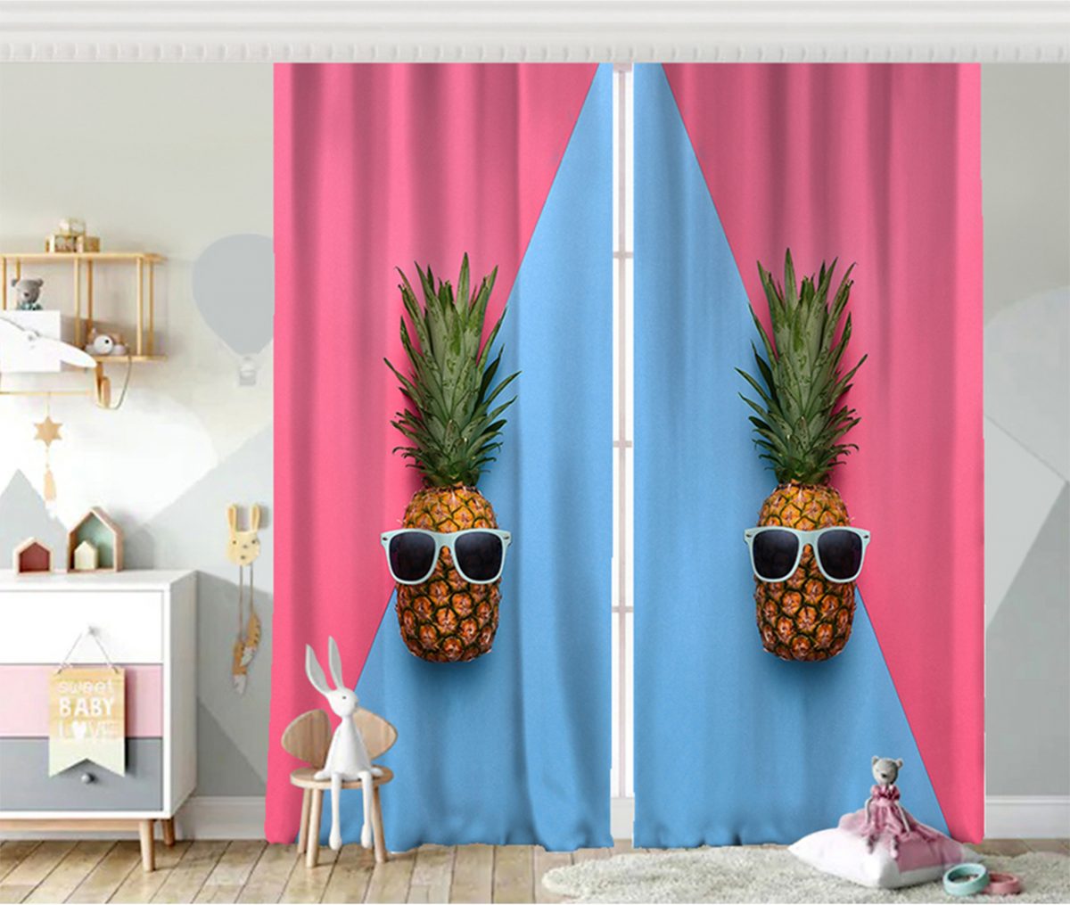 Mavi Pembe Ananas Desenli Modern Bebek Odası Fon Perde Realhomes